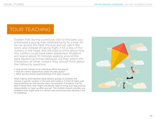 FIFTH GRADE LESSONS | KLYDE WARREN PARK
141
SOCIAL STUDIES
Explain that during a previous visit to the park you
witnessed a young man attempting to fly a kite. As
he ran across the field, the kite did not catch the
wind, and instead of taking flight it hit a few of the
visitors in the head. Ask the kids to think about how
this conflict could have been prevented. Students
will spend about 10 minutes walking around the
park observing human behavior. As they watch the
interaction of other visitors, they should think about
the following questions.
•	How do the choices of an individual affect the group?
•	How do visitors respectfully share the park space?
•	What are the shared responsibilities of all park visitors?
After making some general observations, groups of students will
choose a specific location in the park and create a T-chart of rights and
responsibilities for that specific area. For example, if students visit My
Best Friends Park, they might include the right to bring your dog and the
responsibility to clean up after you pet. The children should consider any
problems that might arise in a certain area and proactively develop a set
of guidelines.
TOUR TEACHING
 