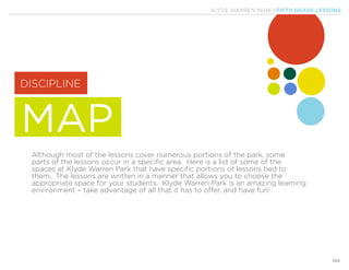 KLYDE WARREN PARK | FIFTH GRADE LESSONS
144
MAP
Although most of the lessons cover numerous portions of the park, some
parts of the lessons occur in a specific area. Here is a list of some of the
spaces at Klyde Warren Park that have specific portions of lessons tied to
them. The lessons are written in a manner that allows you to choose the
appropriate space for your students. Klyde Warren Park is an amazing learning
environment – take advantage of all that it has to offer, and have fun!
DISCIPLINE
 