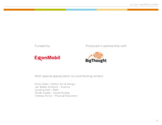 KLYDE WARREN PARK
2
Krissi Oden – Editor, Art & Design
Jen Bailey Simpson - Science
Caroline Karl - Math
Tenille Shade - Social Studies
Chelsey Rictor - Physical Education
Produced in partnership withFunded by
With special appreciation to contributing writers:
 