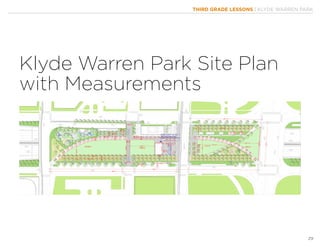 THIRD GRADE LESSONS | KLYDE WARREN PARK
29
15'-0"
22'-0"
15'-9"
15'-0"
80'-6"
324'-0"
311'-9"
26'-0"
122'-7"
69'-10"
15'-11"
61'-2"
37'-6" 49'-5"
24'-3"
20'-1"
60'-0"
10'-0"
74'-0"
12'-1"
25'-3"
8'-5"
45'-9"
30'-5"
15'-0"
16'-5"
25'-6"
290'-10"
79'-4"
147'-2"
7,517 sf
9,252 sf
9,686 sf
20,235 sf
28'-3"
20'-1"
40'-7"
12'-0"
20'-0"
12'-1"
167'-2"
115'-11"
15'-0"
Company Switch: 100, 200,
400 Amp Power with Color
Coded Twist Lock Connections
19'-0"
1,038'-1"
220'-4"
361'-10"
638'-3"
Klyde Warren Park Site Plan
with Measurements
 