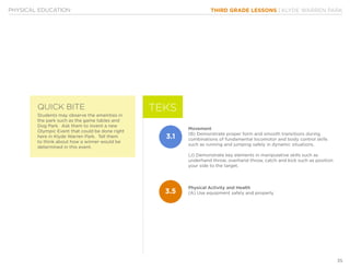 THIRD GRADE LESSONS | KLYDE WARREN PARK
35
Physical Activity and Health
(A) Use equipment safely and properly
Movement
(B) Demonstrate proper form and smooth transitions during
combinations of fundamental locomotor and body control skills
such as running and jumping safely in dynamic situations.
(J) Demonstrate key elements in manipulative skills such as
underhand throw, overhand throw, catch and kick such as position
your side to the target.
PHYSICAL EDUCATION
TEKS
3.1
3.5
QUICK BITE
Students may observe the amenities in
the park such as the game tables and
Dog Park. Ask them to invent a new
Olympic Event that could be done right
here in Klyde Warren Park. Tell them
to think about how a winner would be
determined in this event.
 