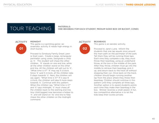 KLYDE WARREN PARK | THIRD GRADE LESSONS
40
PHYSICAL EDUCATION
MATERIALS:
ONE BEANBAG FOR EACH STUDENT, MEDIUM SIZED BOX OR BUCKET, CONES
MIDNIGHT
This game is a sprinting game--an
anaerobic activity. It needs high energy in
short bursts.
Proceed to Ginsburg Family Great Lawn
or East Lawn. Create a large, rectangular
perimeter using cones. Designate a child
as ‘it’. This student will chase the other
children. ‘It’ stands on one end line, while
all the other children stand on the other
end line. All the children will yell out to ‘it’,
“What time is it?” ‘It’ may say 5 o’clock.
Since ‘it’ said 5 o’clock, all the children take
5 steps towards ‘it’. Next, the children will
say again, “What time is it?” If it says 8
o’clock, the children will take 8 more steps
towards ‘it.’ Continue with this pattern.
When the children say, “What time is it?”
and ‘it’ says midnight, ‘it’ must chase all
the children back to the starting end line.
Any child tagged now becomes a helper to
‘it’, and will stand on ‘its’ end line to help
chase the other children on the midnight
command.
BEANBAGS
This game is an aerobic activity.
Proceed to Jane’s Lane. Inform the
students that one lap equals once around
the main path on the perimeter of the park.
Tell them they will be running three laps.
Each time they complete a lap, they must
throw their beanbag, using an underhand
throw, at the box in the middle of the park.
After they throw, children must go into the
middle to retrieve their beanbag, pick it
up, and return back to the track all without
stopping their run. Once back on the track,
children should begin running another
lap from the place where they threw their
beanbag. Children should continue in this
pattern until they complete all three laps.
Another option is to award students points
each time they make their beanbag in the
box. Winner receives a small award. A fun,
less competitive alternative is to let the
kids keep their scores private.
TOUR TEACHING
ACTIVITY ACTIVITY
01 02
 