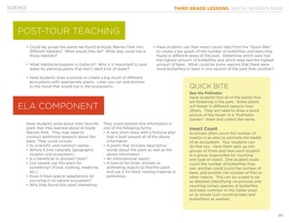 THIRD GRADE LESSONS | KLYDE WARREN PARK
45
•	Could we group the plants we found at Klyde Warren Park into
different habitats? What would they be? What else could live in
those habitats?
•	What habitat/ecosystem is Dallas in? Why is it important to save
water by planting plants that don’t need a lot of water?
•	Have students draw a picture or create a big mural of different
ecosystems with appropriate plants. Later you can add animals
to the mural that would live in the ecosystems.
•	Have students use their insect count data from the “Quick Bite”
to create a bar graph of the number of butterflies and bees they
found in different areas of the park. Determine which area had
the highest amount of butterflies and which area had the highest
amount of bees. What could be some reasons that there were
more butterflies or bees in one section of the park than another?
Have students write about their favorite
plant that they learned about at Klyde
Warren Park. They may need to
conduct additional research about the
plant. They could include:
•	Its scientific and common names
•	Where it lives naturally (geographic
location and ecosystem)
•	Is it beneficial to animals? How?
•	Can people use this plant for
something? (Food, clothing, medicine,
etc.)
•	Does it have special adaptations for
surviving in its natural ecosystem?
•	Why they found this plant interesting.
They could present this information in
one of the following forms:
•	A very short story with a fictional plot
that is built around all of the above
information
•	A poem that includes descriptive
words about the plant as well as the
above information
•	An informational report
•	A how-to for birds, animals or
pollinating insects to find the plant
and use it for food, nesting material or
pollination.
Bee the Pollinator
Have students find all of the plants that
are flowering in the park. Some plants
will flower in different seasons than
others. They will need to draw a quick
picture of the flower in a “Pollinator
Garden” sheet and collect the name.
Insect Count
Scientists often count the number of
insects in an area to estimate the health
of an ecosystem. Your students can
do that too. Have them split up into
groups of three and have each student
in a group responsible for counting
one type of insect. One student could
count the number of butterflies they
see, another could count the number of
bees, and another the number of flies or
other insects. This can be scaled to be
as detailed (identifying via pictures and
counting certain species of butterflies
and bees common to the Dallas area)
or as simple (just counting bees and
butterflies) as wanted.
SCIENCE
QUICK BITE
POST-TOUR TEACHING
ELA COMPONENT
 