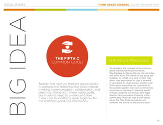 THIRD GRADE LESSONS | KLYDE WARREN PARK
57
BIGIDEA
SOCIAL STUDIES
To introduce the concept of the common
good, read aloud the picture book,
The Promise, by Nicola Davies. As kids listen
and think about the theme of the story, ask
students to reflect on a time in their lives
when they were asked to “pay it forward”
or give back. In small groups, students will
think about ways they can contribute to
the greater good in their own communities.
Focusing on the idea of “planting seeds”
of hope, students will discuss how Klyde
Warren Park represents investing in the
community. They can read a brief article
about the Tree Trust foundation and
compare the article to the picture book.
Twenty-first century learners are expected
to possess the following four skills: critical
thinking, communication, collaboration, and
creativity. Along with these noble goals,
our students need to understand how
these core foundations work together for
the common good of a community.
PRE-TOUR TEACHING
THE FIFTH C
COMMON GOOD
 