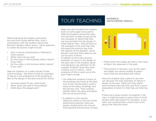 KLYDE WARREN PARK | FOURTH GRADE LESSONS
64
While looking at the images, particularly
the ones from Klyde Warren Park, start a
conversation with the students about how
Burnett’s designs reflect nature. Some questions
to create discussions might include:
•		 How is nature incorporated or reflected in
these spaces?
•		 What colors do you see?
•		 Do the colors in the buildings reflect nature?
If yes, how?
•		 Do the colors in the furniture reflect nature?
If yes, how?
Take the students on a walk outside of their
school building. Ask them to look for examples
of nature in the architecture of the building as
well as the design of the area around the school.
•		 Are there plants? If yes, what kinds?
•		 What colors are used in the building?
•		 What about the playground?
MATERIALS:
SKETCH BOOKS, PENCILS
Make sure each student has a sketch
book or some paper and a pencil.
Walk the students around the park,
and ask them to keep an eye out for
any examples of nature that they
see incorporated into the design of
Klyde Warren Park. Remind them of
the examples of the park that they
discussed the previous day from
the website of the designer, James
Burnett, and have them keep an eye
out for each of those.
In addition to the many obvious
examples of nature in the design of
the park, talk to the students about
how designers pay attention to the
smallest of details when they have
a theme, such as nature. Some
examples of this to point out at the
park might include:
•	The reflective surfaces of many of
the buildings and forms at the park
such as the chrome that is used in
many of the pillars, buildings, and
the pavilion roof. Their surfaces
literally reflect the grass and plants
that are all around them.
•	In addition to the chrome
reflective surface of the roof of the
performance pavilion, there are
shapes etched within the chrome
that resemble the branches of trees.
•	These same tree shapes are seen in the chairs
at Savor, the restaurant in the park.
•	The furniture in the park, such as the chairs
and tables, are various shades of green –
colors that are associated with nature.
Have the students play a game to see who
can discover the most examples of nature in
design at the park. Make sure they sketch
each example that they find, and write a quick
explanation of what it is that they are referring
to.
If there are a large number of students in the
class, it might be easier to place them in small
groups while they search for examples. If you
want, you could provide a small prize to the
group that finds the most!
ART & DESIGN
TOUR TEACHING
 