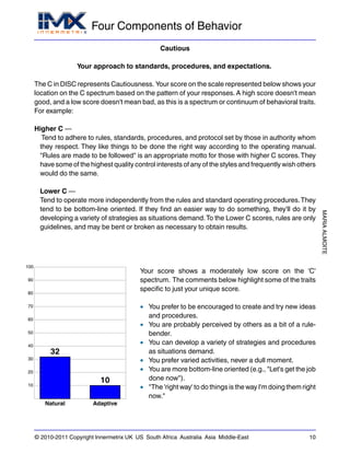 Four Components of Behavior
MARIAALMOITE
© 2010-2011 Copyright Innermetrix UK US South Africa Australia Asia Middle-East 10
Cautious
Your approach to standards, procedures, and expectations.
The C in DISC represents Cautiousness. Your score on the scale represented below shows your
location on the C spectrum based on the pattern of your responses. A high score doesn't mean
good, and a low score doesn't mean bad, as this is a spectrum or continuum of behavioral traits.
For example:
Higher C —
Tend to adhere to rules, standards, procedures, and protocol set by those in authority whom
they respect. They like things to be done the right way according to the operating manual.
"Rules are made to be followed" is an appropriate motto for those with higher C scores.They
have some of the highest quality control interests of any of the styles and frequently wish others
would do the same.
Lower C —
Tend to operate more independently from the rules and standard operating procedures.They
tend to be bottom-line oriented. If they find an easier way to do something, they'll do it by
developing a variety of strategies as situations demand.To the Lower C scores, rules are only
guidelines, and may be bent or broken as necessary to obtain results.
10
20
30
40
50
60
70
80
90
100
32
Natural
10
Adaptive
Your score shows a moderately low score on the 'C'
spectrum. The comments below highlight some of the traits
specific to just your unique score.
• You prefer to be encouraged to create and try new ideas
and procedures.
• You are probably perceived by others as a bit of a rule-
bender.
• You can develop a variety of strategies and procedures
as situations demand.
• You prefer varied activities, never a dull moment.
• You are more bottom-line oriented (e.g., "Let's get the job
done now").
• "The 'right way' to do things is the way I'm doing them right
now."
 
