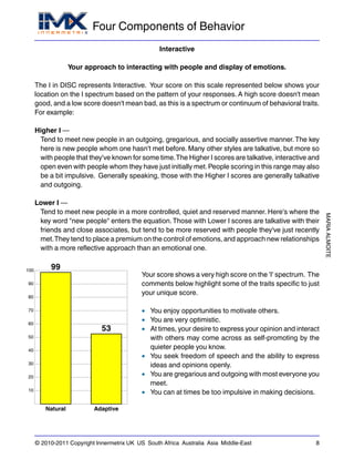 Four Components of Behavior
MARIAALMOITE
© 2010-2011 Copyright Innermetrix UK US South Africa Australia Asia Middle-East 8
Interactive
Your approach to interacting with people and display of emotions.
The I in DISC represents Interactive. Your score on this scale represented below shows your
location on the I spectrum based on the pattern of your responses. A high score doesn't mean
good, and a low score doesn't mean bad, as this is a spectrum or continuum of behavioral traits.
For example:
Higher I —
Tend to meet new people in an outgoing, gregarious, and socially assertive manner.The key
here is new people whom one hasn't met before. Many other styles are talkative, but more so
with people that they've known for some time.The Higher I scores are talkative, interactive and
open even with people whom they have just initially met.People scoring in this range may also
be a bit impulsive. Generally speaking, those with the Higher I scores are generally talkative
and outgoing.
Lower I —
Tend to meet new people in a more controlled, quiet and reserved manner. Here's where the
key word "new people" enters the equation.Those with Lower I scores are talkative with their
friends and close associates, but tend to be more reserved with people they've just recently
met.They tend to place a premium on the control of emotions, and approach new relationships
with a more reflective approach than an emotional one.
10
20
30
40
50
60
70
80
90
100 99
Natural
53
Adaptive
Your score shows a very high score on the 'I' spectrum. The
comments below highlight some of the traits specific to just
your unique score.
• You enjoy opportunities to motivate others.
• You are very optimistic.
• At times, your desire to express your opinion and interact
with others may come across as self-promoting by the
quieter people you know.
• You seek freedom of speech and the ability to express
ideas and opinions openly.
• You are gregarious and outgoing with most everyone you
meet.
• You can at times be too impulsive in making decisions.
 