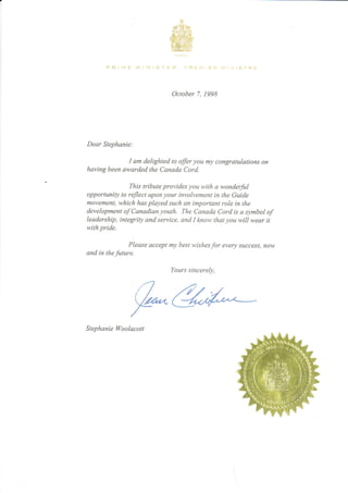 Canada Cord congratulatory letter from Jean Chretien | PDF
