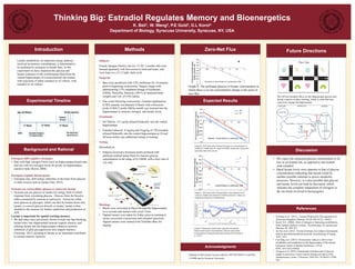Thinking Big: Estradiol Regulates Memory and Bioenergetics
K. Bell1, W. Wang2, P.E Gold3, D.L Korol4
Department of Biology, Syracuse University, Syracuse, NY, USA
Introduction
Background and Rational
Methods Zero-Net Flux
Discussion
References
Lactate metabolism, an important energy pathway
involved in memory consolidation, is determined to
be mediated by estrogens in female Rats. In this
experiment we have measured the glucose and
lactate responses in the cerebrospinal fluid from the
ventral hippocampus of ovariectomized rats treated
with injections of either estradiol or oil vehicle. with
estradiol or oil vehicle.
Experimental Timeline
Estrogens shift cognitive strategies
• Rats with high estrogen levels excel on hippocampus-based tasks
and rats with low estrogen levels do poorly on hippocampus-
sensitive tasks (Korol, 2004).
Estrogens regulate bioenergetics
• Estrogens may shift energy substrates in the brain from glucose
to other sources such as lactate (Yao, 2012).
Neurons use extracellular glucose or astrocytic lactate
• Neurons can use glucose or lactate for energy, both of which
originate from circulating glucose. Glucose from the blood is
either consumed by neurons or astrocytes. Astrocytes either
store glucose as glycogen, which can then be broken down into
lactate, or convert glucose directly to lactate; lactate is then
shuttled to the neurons for further catabolism and production of
ATP.
Lactate is important for spatial working memory
• We and others have previously shown in male rats that blocking
lactate entry into hippocampal neurons impairs memory and
infusing lactate into the hippocampus enhances memory.
Inhibition of glial glycogenolysis also impairs memory
(Newman, 2011), pointing to lactate as an important contributor
to normal memory function.
Subjects
Female Sprague Dawley rats (n= 15-20, 3 months old) were
housed separately with free access to food and water, and
were kept on a 12:12 light: dark cycle.
Surgeries
• Rats were anesthized with 5.0% Isoflurane for 10 minutes
prior to beginning ovariectomy. Surgery began with
administering 3.5% inhalation dosage of Isoflurane,
0.09mL Penicillin, flunoxin (.001% of measured body
weight) and 1mL of 0.9% Saline.
• One week following ovariectomy, Cannula implantation
(CMA cannula: out diameter 0.8mm) with a biosensor
probe (CMA12 probe 20kDa cutoff) was inserted into the
hippocampus to measure estrogen, and lactate levels.
Treatments
• Oil Vehicle : 0.5 µg/kg infused bilaterally into the ventral
hippocampus
• Estradiol infusion: 4.5µg/kg and 45µg/kg of 17β-estradiol
infused bilaterally into the ventral hippocampus at 24 and
48 hours before any additional testing or training.
Testing
Microdialysis:
• Subjects received a biosensor probe perfused with
artificial cerebral spinal fluid of a known glucose
concentration in the range of 0-2.0mM, with a flow rate of
1µL/min.
Graph A: The perfusate glucose or lactate concentration at
which there is no net concentration change is the point of
zero flux.
Expected Results
Graph B: ZNF linear plot of basal level glucose concentrations in
estradiol (1.0mM) and oil vehicle (0.5mM) treated rats. Each point
represents data from one rat.
Graph C: ZNF linear plot of basal lactate concentrations in oil
vehicle (1.0mM) and estradiol (0.5mM) treated rats. Values are
reciprocals of glucose concentrations.
Graph D: Represents studied and expected extracellular
Glucose and Lactate concentrations. Glucose and Lactate
Concentrations Change Reciprocally During SA (Newman et
al., 2011).
Histology
• Brains were sectioned at 40µm through the hippocampus
on a cryostat and stained with cresyl violet.
• Vaginal smears were taken for 8 days prior to training to
ensure successful ovariectomy and estradiol injections.
Vaginal smears were stained with Toluidine Blue for
staging.
Future Directions
We will test estradiol effects on the hippocampal glucose and
lactate response to place learning, which is a task that may
selectively engage the hippocampus
• Newman et al. (2011). Lactate Produced by Glycogenolysis in
Astrocytes Regulates Memory. PLoS ONE 6(12): e28427.
• Korol, D.L. (2004). Role of estrogen in balancing contributions
from multiple memory systems. Neurobiology of Learning and
Memory, 82, 309-323.
• Jia Yao et al. (2012). Ovarian hormone loss induces bioenergetic
deficits and mitochondrial β-amyloid. Neurobiology of Aging ,
1507–1521.
• Fan Ding et al. (2013). Ovariectomy induces a shift in fuel
availability and metabolism in the hippocampus of the female
transgenic model of familial Alzheimer’s. PLoS
ONE. 2013;8(3):e59825.
• Chuquet et al. (2010). Predominant enhancement of glucose
uptake in astrocytes versus neurons during activation of the
somatosensory cortex. J Neurosci. 2010 Nov 10;30(45):15298-
303.
• We expect the measured glucose concentration to be
less in oil treated rats, as opposed to rats treated
with estradiol.
• Basal lactate levels were opposite to that of glucose
concentrations indicating that lactate could be
another possible substrate to power metabolic
processes. However, it is also possible that glucose
and lactate levels can both be decreased, which
indicates the complete impairment of estrogens in
the rats brain involved in bioenergetics.
Acknowledgments
Funding for this project was provided by NSF IOS 0843175 and IOS
1318490 and by Syracuse University.
 