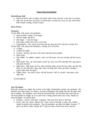 Linear Speed Curriculum
Stretch/Foam Roll
 Kids can stretch with or without the bands and/or foam roll prior to the start of sessions
 Kids who do not have the desire to stretch prior can kick the soccer (or any of the other)
balls around working on their touches
Start of Class
Warm-Up
10 yard drills with proper arm mechanics
 Sprint position Lunges Front lunges
 Reverse lunges hip flexor
 Side lunges / crossover lunge
 Knee hugs coming down into a toe-touch
 Frankenstein’s—leg comes down fast and toes skim the turf to the heel of other foot
20 yard drills with proper arm mechanics; buzzing feet on the line
 A-Skips
 A-Skips for height
 Carioca—driving trail knee to the chest and back down quickly
 Open Gates
 Side shuffle—In athletic position; chest over the knees, feet not crossing and feet do not
drag
 Back Pedal—first ‘go’ back pedal, second ‘go’ turn out (with open hips like open gates)
and sprint forward
 High knees—high knees for five yards and then sprint out for the rest; make sure the kids
know it is for reps (how many times they can bring their knees up before reaching 5
yards) rather than for speed.
 Falling Starts—one kid at a time will fall forward, “stiff as a board”, and sprint to the
other end.
WATER BREAK
Arm Mechanics
Kids will sit down in a single line in front of me while I demonstrate perfect arm-mechanics first
and then have them mimic me. Elbows are bent at 90degrees and remain like this the entire time
one in running. The shoulders move forward and backwards, not the elbow like most kids do.
The back should be straight up ‘as if cold water is being poured down one’s back. Hands are
open and fingers are spread apart.
 Switches—consist of the kids ‘switching’ their arms from front to the back
 Gears—they are 5 gears. During the 1st gear, arms are moving in super slow motion—
should be perfect arm mechanics. The arm mechanics get faster the higher the gear. 5th
gear is an all-out sprint. During the 5th gear you may see the torso move and arm
 