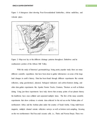 6ONCE A SUPER CONTINTENT
Figure 1- A histogram chart showing Post-Gowondanland kimberlites, olivine melitilites, and
volcanic pipes.
Figure 2- Map over lay or the different drainage patterns throughout Zimbabwe and he
southeastern portion of the African Rift Valley.
With the study of historical geomorphology being pretty popular study there are many
different scientific expeditions that have been done to gather information on some of the large
land changes in earth’s history. Data has been found through different experiments like seismic
reflection, using geochemical, physical, biological indicators and carbon fourteen dating, and
other data gather experiments like Apatite Fission Tracks, Uranium, Thorium as well as Helium
dating. Using just these experiments have truly shown that at many points of our planets history
the landforms have once collided and separated multiple times. The first of the many scientific
experiments that show evidence is seismic data collected in the red sea on the Nubian plate of
northeastern Africa and the Arabian plate under the country of Saudi Arabia. Using multi-beam
magnetic, multiple channel seismic reflection surveys as well as bottom rock sampling, focusing
on the two northernmost Red Sea axial oceanic cells, i.e., Thetis and Nereus Deeps. These two
 