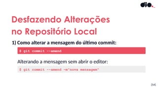 Desfazendo Alterações
no Repositório Local
[54]
$ git commit --amend
1) Como alterar a mensagem do último commit:
$ git commit --amend –m"nova mensagem"
Alterando a mensagem sem abrir o editor:
 