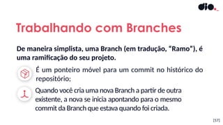 [57]
Trabalhando com Branches
De maneira simplista, uma Branch (em tradução, “Ramo”), é
uma ramificação do seu projeto.
É um ponteiro móvel para um commit no histórico do
repositório;
Quando você cria uma nova Branch a partir de outra
existente, a nova se inicia apontando para o mesmo
commit da Branch que estava quando foi criada.
 