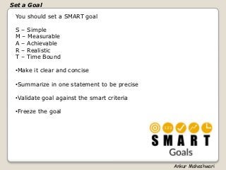 You should set a SMART goal
S – Simple
M – Measurable
A – Achievable
R – Realistic
T – Time Bound
•Make it clear and concise
•Summarize in one statement to be precise
•Validate goal against the smart criteria
•Freeze the goal
Set a Goal
Ankur Maheshwari
 