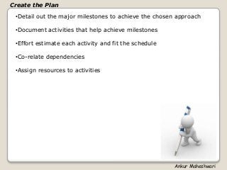 •Detail out the major milestones to achieve the chosen approach
•Document activities that help achieve milestones
•Effort estimate each activity and fit the schedule
•Co-relate dependencies
•Assign resources to activities
Create the Plan
Ankur Maheshwari
 