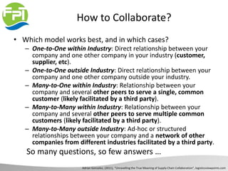 How to Collaborate?
• Which model works best, and in which cases?
– One-to-One within Industry: Direct relationship between your
company and one other company in your industry (customer,
supplier, etc).
– One-to-One outside Industry: Direct relationship between your
company and one other company outside your industry.
– Many-to-One within Industry: Relationship between your
company and several other peers to serve a single, common
customer (likely facilitated by a third party).
– Many-to-Many within Industry: Relationship between your
company and several other peers to serve multiple common
customers (likely facilitated by a third party).
– Many-to-Many outside Industry: Ad-hoc or structured
relationships between your company and a network of other
companies from different industries facilitated by a third party.
So many questions, so few answers …
Adrian Gonzalez, (2011), “Unravelling the True Meaning of Supply Chain Collaboration”, logisticsviewpoints.com
 