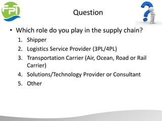Question
• Which role do you play in the supply chain?
1. Shipper
2. Logistics Service Provider (3PL/4PL)
3. Transportation Carrier (Air, Ocean, Road or Rail
Carrier)
4. Solutions/Technology Provider or Consultant
5. Other
 