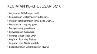 KEGIATAN KE-KHUSUSAN SMK
• Kerjasama BKK dengan dudi….
• Pelaksanaan Uji Kompetensi dengan…
• Praktek kerja lapangan siswa pada DUDI….
• Pelaksanaan magang guru
• Mengundang guru tamu
• Penyelarasan Kurikulum
• Progres tracer study 2024
• Kegiatan Teaching Factory
• Kegiatan Unit Bisnis sekolah
• Badan Layanan Umum Daerah (BLUD)
 