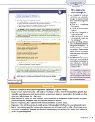 Lenguaje y Comunicación
                                                                                                              7º Básico


                                                                                                         Orientaciones
                                                                                                         metodológicas
                                                                                                    1.	 Lea el cuadro de contenido
                                                                                                        y oriente a sus estudiantes
                                                                                                        para que lo relacionen con el
                                                                                                        texto, realizando las siguientes
                                                                                                        preguntas:
                                                                                                        ŠŠ ¿Cuál es la finalidad del
                                                                                                            texto leído?
                                                                                                        ŠŠ ¿Tiene la estructura re-
                                                                                                            querida?
                                                                                                        ŠŠ ¿Las instrucciones están en
                                                                                                            orden secuencial?
                                                                                                        ŠŠ ¿Las instrucciones se rela-
                                                                                                            cionan con la imagen que
                                                                                                            las acompaña?
                                                                                                    2.	 Motive el aprendizaje de las ex-
                                                                                                        presiones modales destacando
                                                                                                        el fragmento del ejercicio 1 de
                                                                                                        Aprendo mi lengua a partir del
                                                                                                        texto para que sus estudiantes
                                                                                                        puedan visualizar las distintas
                                                                                                        maneras en que se utilizan estas
                                                                                                        expresiones.
                                                                                                    3.	 Motive la sección Escribo mejor
                                                                                                        a partir del texto leyendo el
                                                                                                        ejercicio 1 y comentando junto
                                                                                                        a sus estudiantes cuál es la
                                                                                                        importancia de los distintos
                                                                                                        usos de comillas.
                                                                                                        Acerca del uso del paréntesis le sugerimos
                                                                                                        que, antes de completar la tabla de la acti-
                                                                                                        vidad 2 de la página 195, destaque a sus
                                                                                                        estudiantes la importancia de reconocer el
                                                                                                        tipo de información que está entre paréntesis
                                                                                                        y no solo repetir la frase textual.
Identifican y aplican
normas ortográficas


                                                          Evaluación
   Para evaluar la comprensióndel usodecom y paréntesis, leproponem la siguienteactividad:
                                          illas                    os
   ŠŠPidaqueagreguendos instrucciones m acadaunadelas m
                                       ás              odalidades del textoLa técnica del maquillaje teatral, aplicandoel uso
     decom y paréntesis. Luego, solicitequecom
            illas                                      pletenensucuadernouna tabla com la presentada enel ejercicio2, peroahora
                                                                                         o
     conlas frases delos textos queellos y ellas crearon.
   ŠŠEvalúequeutilicenlas com para destacar palabras, frases uoraciones quedealguna m
                                illas                                                         anera resultenextrañas al texto, ya sea
     porquesoncoloquiales, porqueestánsiendousadas enform m     a etafórica uotra razón.
   ŠŠEncuantoa los paréntesis, fíjesequeefectivam introduzcanelem
                                                     ente               entos aclaratorios al texto.
   ŠŠPropongaunalecturadelostextoscreados, dem deapreciar el énfasisqueadquierenlosfragm
                                                    odo                                           entosenm  arcadospor estossignos.
   ŠŠHagaver asusestudiantesqueam seocupancom recursosexpresivosdel lenguajeverbal ynoverbal. Esfrecuentequeusem
                                      bos                  o                                                                       os
     la expresión “entre paréntesis” para hacer una digresión o hagam un gesto para representar las com con el propósito de
                                                                      os                                    illas,
     destacar una palabra oexpresión.


                                                                                                                               Teatreros 213
 