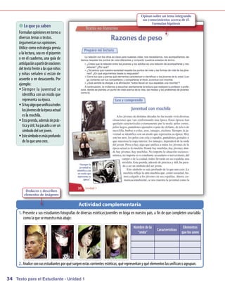 Opinan sobre un tema integrando
                                                                                             sus conocimientos acerca de él.
                                                                                                   Formulan hipótesis
       que ya saben
          Lo
     Form opinionesentornoa
           ulan
     diversos tem otextos.
                   as
     Argum   entansus opiniones.
     Utilice com estrategia previa
                  o
     a la lectura, sea enel pizarrón
     o en el cuaderno, una guía de
     anticipaciónapartirdeoraciones
     del textofrentealasqueniños
     y niñas señalen si están de
     acuerdo o en desacuerdo. Por
     ejem  plo:
     ƒƒSiempre la juventud se
        identifica con un m que
                            odo
        representa suépoca.
     ƒƒSi hayalgoqueunificaatodos
        losjóvenesdelaépocaactual
        es la m ochila.
     ƒƒEstaprenda, adem deprác-
                          ás
        ticayútil, hapasadoaser un
        sím del ser joven.
            bolo
     ƒƒEstesím esm profundo
                bolo ás
        deloqueunocree.




         Deducen y describen
        elementos de imágenes


                                               Actividad complementaria
     1.	 Presente a sus estudiantes fotografías de diversas estéticas juveniles en boga en nuestropaís, a fin de que completen una tabla
         com la quesem
             o            uestra m abajo:
                                   ás

                                                                                       Nombre de la                        Elementos
                                                                                                        Características
                                                                                         onda                           que los unen




     2.	Analiceconsus estudiantes por quésurgenestas corrientes estéticas, quérepresentany quéelementos las unificanoagrupan.


34 Texto para el Estudiante - Unidad 1
 