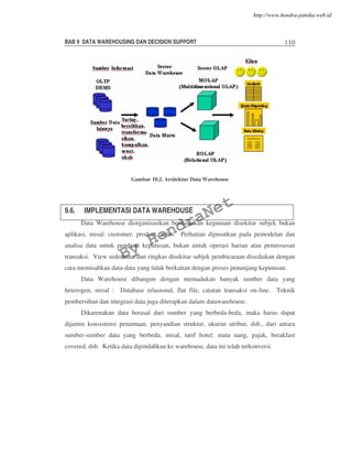 BAB 9 DATA WAREHOUSING DAN DECISION SUPPORT 110
Gambar 10.2. Arsitektur Data Warehouse
9.6. IMPLEMENTASI DATA WAREHOUSE
Data Warehouse diorganisasikan berdasarkan kegunaan disekitar subjek bukan
aplikasi, misal: customer, product, sales. Perhatian dipusatkan pada pemodelan dan
analisa data untuk pembuat keputusan, bukan untuk operasi harian atau pemrosesan
transaksi. View sederhana dan ringkas disekitar subjek pembicaraan disediakan dengan
cara memisahkan data-data yang tidak berkaitan dengan proses penunjang keputusan.
Data Warehouse dibangun dengan memadukan banyak sumber data yang
heterogen, misal : Database relasional, flat file, catatan transaksi on-line. Teknik
pembersihan dan integrasi data juga diterapkan dalam datawarehouse.
Dikarenakan data berasal dari sumber yang berbeda-beda, maka harus dapat
dijamin konsistensi penamaan, penyandian struktur, ukuran atribut, dsb., dari antara
sumber-sumber data yang berbeda, misal, tarif hotel: mata uang, pajak, breakfast
covered, dsb. Ketika data dipindahkan ke warehouse, data ini telah terkonversi
By
HendraNet
http://www.hendra-jatnika.web.id
 