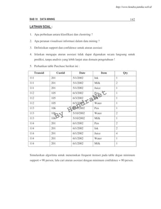 BAB 10 DATA MINING 142
LATIHAN SOAL :
1. Apa perbedaan antara klasifikasi dan clustering ?
2. Apa peranan visualisasi informasi dalam data mining ?
3. Definisikan support dan confidence untuk aturan asosiasi
4. Jelaskan mengapa aturan asosiasi tidak dapat digunakan secara langsung untuk
prediksi, tanpa analisis yang lebih lanjut atau domain pengetahuan !
5. Perhatikan table Purchase berikut ini :
Transid Custid Date Item Qty
111 201 5/1/2002 Ink 1
111 201 5/1/2002 Milk 2
111 201 5/1/2002 Juice 1
112 105 6/3/2002 Pen 1
112 105 6/3/2002 Ink 1
112 105 6/3/2002 Water 1
113 106 5/10/2002 Pen 1
113 106 5/10/2002 Water 2
113 106 5/10/2002 Milk 1
114 201 6/1/2002 Pen 2
114 201 6/1/2002 Ink 2
114 201 6/1/2002 Juice 4
114 201 6/1/2002 Water 1
114 201 6/1/2002 Milk 1
Simulasikan algoritma untuk menemukan frequent itemset pada table degan minimum
support = 90 persen, lalu cari aturan asosiasi dengan minimum confidence = 90 persen.
By
HendraNet
http://www.hendra-jatnika.web.id
 