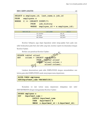 BAB 3 QUERY LANJUTAN 49
Korelasi Subquery juga dapat digunakan untuk meng-update baris pada satu
table berdasarkan pada baris dari table yang lain, korelasi seperti itu dinamakan dengan
Korelasi Update.
Berikut cara penulisan Korelasi Update :
Lakukan denormalisasi pada table EMPLOYEES dengan menambahkan satu
kolom pada tabel EMPLOYEES untuk menyimpan nama departemen.
Kemudian isi dari kolom nama departemen didapatkan dari tabel
DEPARTMENTS dengan menggunakan Korelasi Update :
SELECT e.employee_id, last_name,e.job_id
FROM employees e
WHERE 2 <= (SELECT COUNT(*)
FROM job_history
WHERE employee_id = e.employee_id);
UPDATE table1 alias1
SET column = (SELECT expression
FROM table2 alias2
WHERE alias1.column =
alias2.column);
By
HendraNet
http://www.hendra-jatnika.web.id
 