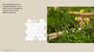 The interlocking trios of
hexagonal planters can be
easily moved and linked in
various ways to form
different patterns.
© honeycomb meadow 66
 