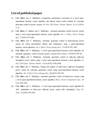 List of publishedpaper
[1] C.K. Shiva and V. Mukherjee, Comparative performance assessment of a novel quasi-
oppositional harmony search algorithm and internal model control method for automatic
generation control of power systems, In: Proc. IET Gener. Transm. Distrib., 9 (11), (2015),
1-14.
[2] C.K. Shiva, G. Shankar and V. Mukherjee, Automatic generation control of power system
using a novel quasi-oppositional harmony search algorithm, Int. J. Electr. Power Energy
Syst., 73 (2015) 787-804.
[3] C.K. Shiva and V. Mukherjee, Automatic generation control of interconnected power
system for robust decentralized random load disturbances using a quasi-oppositional
harmony search algorithm, Int. J. Electr. Power Energy Syst., 73 (2015) 991-1001.
[4] C.K. Shiva and V. Mukherjee, A novel quasi-oppositional harmony search algorithm, for
automatic generation control of power system, Applied Soft Comput., 35 (2015) 749-765.
[5] C.K. Shiva and V. Mukherjee, Automatic generation control of multi-unit multi-area
deregulated power system using a novel quasi-oppositional harmony search algorithm, In:
Proc. IET Gener. Transm. Distrib., 9 (15) (2015) 2398-2408.
[6] C.K. Shiva and V. Mukherjee, Design and analysis of multi-source multi-area deregulated
power system for automatic generation control using quasi-oppositional harmony search
algorithm. Int. J. Electr. Power Energy Syst., 80 (2016) 382-395.
[7] C.K. Shiva and V. Mukherjee, Automatic generation control of hydropower systems using
a novel quasi-oppositional harmony search algorithm, Electr. Power Components Syst., 44
(13) 1478-1491.
[8] C.K. Shiva and V. Mukherjee, A novel quasi-oppositional harmony search algorithm for
AGC optimization of three-area multi-unit power system after deregulation, Eng. Sci.
Tech., 19 (2016) 395-420.
 