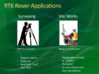 Surveying
Figure 3. A surveyor. Figure 4. A mobile rover.
- Feature Layout
- Stake out
- Real-time “cuts”
and “fills”
- Topographic surveys
or “TOPO’s”
- “As-builts”
- On-site volume and
area calculations
Site Works
 