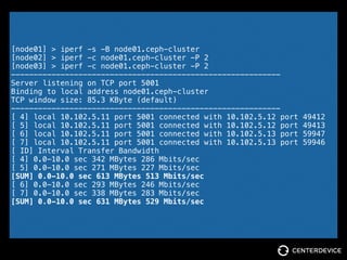 IEEE 802.3ad != IEEE 802.3ad
[node01] > iperf -s -B node01.ceph-cluster
[node02] > iperf -c node01.ceph-cluster -P 2
[node03] > iperf -c node01.ceph-cluster -P 2
------------------------------------------------------------
Server listening on TCP port 5001
Binding to local address node01.ceph-cluster
TCP window size: 85.3 KByte (default)
------------------------------------------------------------
[ 4] local 10.102.5.11 port 5001 connected with 10.102.5.12 port 49412
[ 5] local 10.102.5.11 port 5001 connected with 10.102.5.12 port 49413
[ 6] local 10.102.5.11 port 5001 connected with 10.102.5.13 port 59947
[ 7] local 10.102.5.11 port 5001 connected with 10.102.5.13 port 59946
[ ID] Interval Transfer Bandwidth
[ 4] 0.0-10.0 sec 342 MBytes 286 Mbits/sec
[ 5] 0.0-10.0 sec 271 MBytes 227 Mbits/sec
[SUM] 0.0-10.0 sec 613 MBytes 513 Mbits/sec
[ 6] 0.0-10.0 sec 293 MBytes 246 Mbits/sec
[ 7] 0.0-10.0 sec 338 MBytes 283 Mbits/sec
[SUM] 0.0-10.0 sec 631 MBytes 529 Mbits/sec ???
 