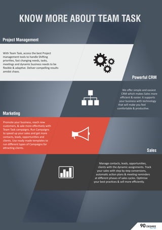 KNOW MORE ABOUT TEAM TASK
Powerful CRM
We oﬀer simple and easiest
CRM which makes Sales more
eﬃcient & easier. It supports
your business with technology
that will make you feel
comfortable & produc ve.
With Team Task, access the best Project
management tools to handle Shi ing
priori es, fast changing needs, tasks,
mee ngs and dynamic business needs to be
ﬂexible & adap ve. Deliver compelling results
amidst chaos.
Manage contacts, leads, opportuni es,
clients with the dynamic assignments. Track
your sales with step by step conversions,
automa c ac on plans & mee ng reminders
at diﬀerent phases of sales cycles. Op mise
your best prac ces & sell more eﬃciently.
Promote your business, reach new
customers, & sale more eﬀec vely with
Team Task campaigns. Run Campaigns
to speed up your sales and get more
contacts, leads, opportuni es and
clients. Use ready made templates to
run diﬀerent types of Campaigns for
a rac ng clients.
Project Management
Marketing
Sales
Team Task
90 degree
 
