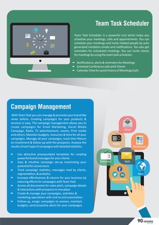 $
ü
í
í
í
Team Task Scheduler
Team Task Scheduler is a powerful tool which helps you
schedule your mee ngs, calls and appointments. You can
schedule your mee ngs and invite related people by auto
generated invita on emails and no ﬁca ons. You also get
reminders for scheduled mee ngs. You can invite clients
formee ngsbyusingtheteamtaskscheduler.
No ﬁca ons,alerts&remindersforMee ngs
ScheduleConferencecallswithClients
CalendarViewforquickhistoryofMee ngs/calls
With Team Task you can manage & promote your brand like
never before. Crea ng campaigns for your products &
services is easy. The campaign management allows you to
create campaigns for Email Marke ng, Social Media
Campaign, Radio, TV adver sement, events, Print media
and others. Maintain budgets, resources & me for all your
campaigns. Manage all your campaigns, track their Return
on Investment & follow-up with the prospects. Analyse the
resultsofeachtypeofcampaignswithdetailedsta s cs.
Use a rac ve prepopulated templates for crea ng
powerfulbrandmessagesforyourclients
Easy & intui ve campaign set-up maximising your
poten alforconversions
Track campaign sta s cs, messages read by clients,
segmenta on,&analy cs
Increase eﬀec veness & returns for your business by
reducingeﬀortsforcampaignswithTeamTask
Access all documents for sales pitch, campaign details
&interac onswithprospectsinoneplace
Campaign Management
f
in
Social Media
ü
Web
SMS
@
Email
Television
Radio
Newspaper
Create & manage your campaigns, ac vi es &
marke ng opera ons with end to end automa on
Follow-up, assign campaigns to owners, maintain
budgets, send proac ve alerts for your campaigns
Team Task
90 degree
 