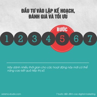 2 
3 
4 
5 
6 
7 
BƯỚC 
1 
ĐẦU TƯ VÀO LẬP KẾ HOẠCH, 
ĐÁNH GIÁ VÀ TỐI ƯU 
Hãy dành nhiều thời gian cho các hoạt động này mới có thể nâng cao kết quả tiếp thị số. 
adamo-studio.com 7 bước đến đỉnh cao digital marketing  