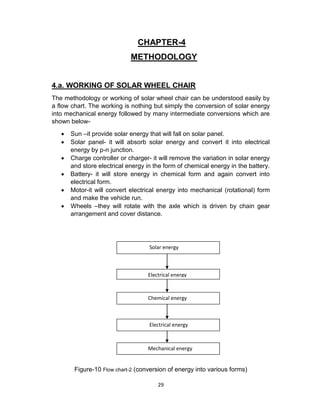 29
CHAPTER-4
METHODOLOGY
4.a. WORKING OF SOLAR WHEEL CHAIR
The methodology or working of solar wheel chair can be understood easily by
a flow chart. The working is nothing but simply the conversion of solar energy
into mechanical energy followed by many intermediate conversions which are
shown below-
 Sun –it provide solar energy that will fall on solar panel.
 Solar panel- it will absorb solar energy and convert it into electrical
energy by p-n junction.
 Charge controller or charger- it will remove the variation in solar energy
and store electrical energy in the form of chemical energy in the battery.
 Battery- it will store energy in chemical form and again convert into
electrical form.
 Motor-it will convert electrical energy into mechanical (rotational) form
and make the vehicle run.
 Wheels –they will rotate with the axle which is driven by chain gear
arrangement and cover distance.
Figure-10 Flow chart-2 (conversion of energy into various forms)
Solar energy
Electrical energy
Chemical energy
Electrical energy
Mechanical energy
 