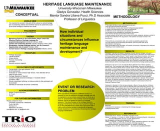 • WORLD VIEW
• It is important to consider that parts of the cultural or natural heritage
are of outstanding interest and therefore need to be preserved as part
of the world heritage of mankind as a whole.
• Linguistic domains of heritage competence
• Maintaining Spanish in the United States: Steps Toward the
Effective Practice of Heritage Language Re-
acquisition/development (Valdes & Fishman, 2008)
• Contact and Contracting Spanish (Zapata, Sanchez,Toribio, 2005)
• Bilingualism, heritage language learners, and SLA research:
Opportunities lost or seized? (Valdes, 2005)
• Current Issues in Heritage Language Acquisition (Montrul, 2010)
• Heritage languages
• Literate students
• Unique stories
• Process of schooling
• Education
• Social & economic aspects
• Young adults in the ages between 18-25
• 20-25 participants
• Graduates of “Cesar Chavez High School”, have attended all four
years of high school.
• Heritage Speakers of Spanish
• Contact through personal knowledge or “snowball method”
(Cornelius,1982)
• Should a participant withdraw, all data provided by that participant will
be excluded
• Identities of individuals will remain confidential
• McNair Program/Sponsors
• Dr. Pucci
• Family
Please contact Dr. Pucci
University of Wisconsin, Milwaukee
Curtin Hall 525
PO Box 413
Milwaukee, WI 53201
pucci@uwm.edu or geg@uwm.edu
CONCEPTUAL
METHODOLOGY
The project will take a mixed methodological approach.
Three part phenomenological interviews:
1. The life histories of young adult Spanish heritage language speakers
2. Details of the phenomenon under study as experienced
3. Reflections on the meanings of such experiences
•All interviews will be audiotaped for transcription and analysis.
•Each interview will take approximately 45-60 minutes.
•A domain analysis will be used to sort the data into multiple categories, allowing a portrait to
emerge that is reflective of the “big picture” of the systems and issues involved in the
phenomenon.
•There will be an oral production task, and a written acceptability judgment task.
•The oral measure will be individually administered, while the written task will be
administered in small groups.
•Mean percentages will be calculated, and specific components of language will be analyzed.
•Obtaining a more complete picture
Participant 1 was born and raised in Milwaukee, but with Mexican heritage. Participant 1
school attended K4-K5 Bruce Guadalupe Community School, elementary and middle school
in Prince of Peace Catholic School, 7th
and 8th
grade in Holy Wisdom Academy, ninth grade
and partial tenth grade in Thomas More High School and finally tenth to senior year in
Advanced Language & Academic Studies (ALAS) High School. The participant is currently
attending University of Wisconsin-Milwaukee. All K-5 through Thomas More High School,
student attended catholic monolingual school with predominantly heritage speaking students.
Participant 2 was born in Leon, Guanajuato Mexico attended K-5 in Mexico speaking
Spanish only. Then, participant was brought to the Milwaukee, Wisconsin and attended St.
Anthony’s Pre-School Catholic School. He was “thrown in there” referring that the participant
was placed in a monolingual program without knowing any English. Participant went to
school from first grade to fourth grade and then returned back to Mexico to continue fifth and
sixth grade. As a fifth and sixth grader, the participant did not know how to write and read
Spanish. However, he was able to adapt and performed great in school. Participant returned
back to Milwaukee entering seventh grade in Holy Wisdom Academy and had to rapidly
accustom himself. It took him a month to adapt to English since the school prohibited
students to speak Spanish and among friends he still socialized in Spanish. When entering
high school, he attended Advanced Language and Academic Studies (ALAS) High School
and although he did not have much education in Spanish, he still received a five in the
Advanced Placement Exam.
Participant 3, attended K-5, first and second grade in Mexico. He was also born in Mexico.
He arrived to Milwaukee at age of eight and attended Allen-Field Elementary School in the
bilingual program. The participant was in the United States third, fourth and fifth grade. Then
he returned back to Mexico to continue 6th
and 7th
grade. When returning to Milwaukee, he
entered eighth grade in the bilingual program in Kosciuszko Middle School. Both in Allen-
Field and Kosciuszko, students were taught one week in Spanish and one week in English
reading and writing each language separately. Participant 3, would read in Spanish since he
was given books. He continued his studies from ninth grade to eleventh grade in South
Division High School, finished twelfth grade in Advanced Language and Academic Studies
(ALAS) High School.
•Spoke Spanish at home with family members; in terms who they socialized with it
depended.
•Understood the importance in maintaining their heritage language.
•Emerging themes (9/25)
VALDES, G. (2005). Bilingualism, heritage language learners, and sla research:
Opportunities lost or seized?. The Modern Language Journal.
Zapata, G., Sanchez, L., & Toribio, A. (2005). Contact and contracting Spanish. International
Journal of Bilingualism, 9(3 & 4), 377-395. Retrieved from
http://ijb.sagepub.com/cgi/content/abstract/9/3-4/377
Valdes, G., Fishman, J., Chavez, R., & Perez, W. (2008). Maintaining Spanish in the united
states: Steps toward the effective practice of heritage language re
acquisition/development. American Association of Teachers of Spanish and
Portuguese, 91(1), 004-024. Retrieved from http://www.jstor.org/stable/20063620
EVENT OR RESEARCH
PROBLEM
When populations immigrate to a different country it is
possible for them to experience heritage language loss due
to adaptation to a new culture, social forces, or simply as a
result of advancement in the societally dominant language.
However, that is not always the case for all heritage
speakers. This study focuses on the heritage (Spanish)
language maintenance and loss of young adults of ages 18
to 25 who graduated from a small urban high school with a
Latino core curriculum aimed at maintaining bilingualism
despite situations or circumstances influencing their heritage
language maintenance.
HERITAGE LANGUAGE MAINTENANCE
University-Wisconsin Milwaukee
Gladys Gonzalez, Health Sciences
Mentor Sandra Liliana Pucci, Ph.D Associate
Professor of Linguistics
WORLD VIEW
PHILOSOPHY
THEORY
PRINCIPLES
RECRUITMENT/PARTICIPANTS
METHODOLOGY
FINDINGS
ACKOWLEDGEMENTS
How individual
situations and
circumstances influence
heritage language
maintenance and
development? RESULTS
REFERENCES
FOR FURTHER INFORMATION
 