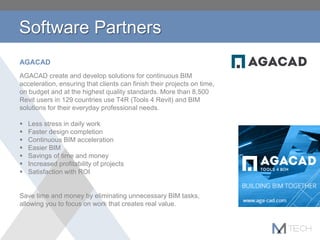 AGACAD
AGACAD create and develop solutions for continuous BIM
acceleration, ensuring that clients can finish their projects on time,
on budget and at the highest quality standards. More than 8,500
Revit users in 129 countries use T4R (Tools 4 Revit) and BIM
solutions for their everyday professional needs.
 Less stress in daily work
 Faster design completion
 Continuous BIM acceleration
 Easier BIM
 Savings of time and money
 Increased profitability of projects
 Satisfaction with ROI
Save time and money by eliminating unnecessary BIM tasks,
allowing you to focus on work that creates real value.
Software Partners
 