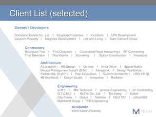 Client List (selected)
Owners / Developers
Domeland Estate Co., Ltd I Kingdom Properties I IconSiam I LPN Development
Gaysorn Property I Magnolia Development I Life and Living I Siam Cement Group
Contractors
Bouygues Thai I Thai Obayashi I Chuchawal Royal Haskoning I SP Contracting
Thai Takenaka I Thai Kajima I Stoneking I Siphya Construction I Visavapat
Architecture
A Landarch I HB Design I Contour I Innia Décor I Space Matrix
Design Management Insight (D.M.I) I Karapanik I Design Worldwide
Partnership (D.W.P) I Plan Associates I Quintrix Architects I HBO EMTB
4B Architects I Desyn Studio I Innovative I Redland
Engineering
G.M.E I Mitr Technical I Jardine Engineering I SP Contracting
Q.T.C.M.E I McTric Co., Ltd I Teo Hong I Daikin
City Power I Daikin I Taikisha I NEO 727 I uWork999
Meinhardt Group I TTS Engineering
Academic
Khon Kaen University
 