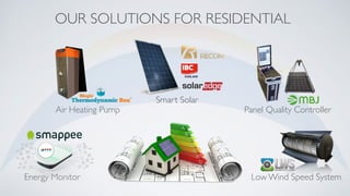 OUR SOLUTIONS FOR RESIDENTIAL
Energy Monitor
Smart Solar
Air Heating Pump
Low Wind Speed System
Panel Quality Controller
 