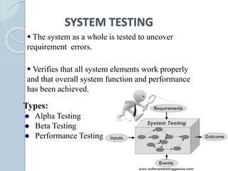 SYSTEM TESTING
 The system as a whole is tested to uncover
requirement errors.
 Verifies that all system elements work properly
and that overall system function and performance
has been achieved.
Types:
Alpha Testing
Beta Testing
Performance Testing
 
