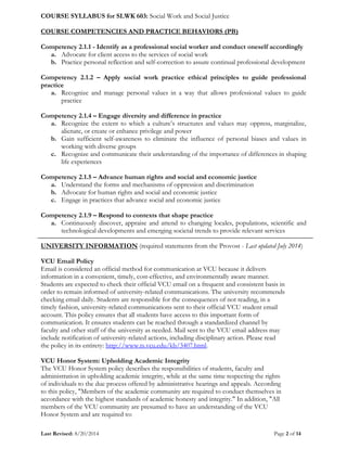 COURSE SYLLABUS for SLWK 603: Social Work and Social Justice
Last Revised: 8/20/2014 Page 2 of 14
COURSE COMPETENCIES AND ...