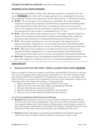COURSE SYLLABUS for SLWK 603: Social Work and Social Justice
Last Revised: 8/20/2014 Page 7 of 14
GRADING EVALUATION CRITE...