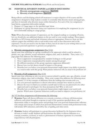 COURSE SYLLABUS for SLWK 603: Social Work and Social Justice
Last Revised: 8/20/2014 Page 9 of 14
III. INDIVIDUAL DIVERSIT...