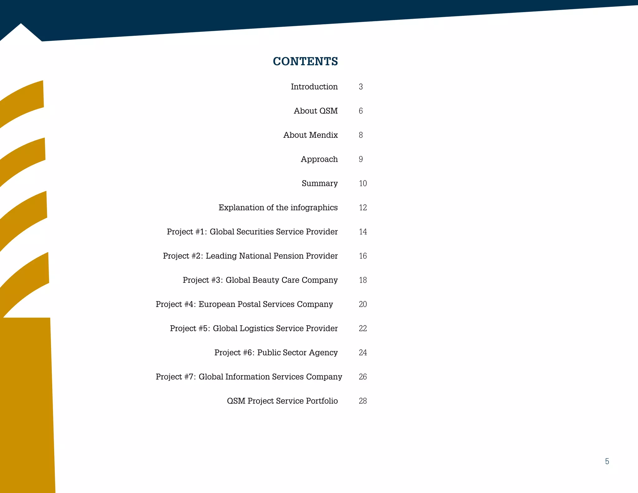 CONTENTS
	 Introduction 	 3
	 About QSM	6
	 About Mendix	8
	 Approach	9
	 Summary	10
	 Explanation of the infographics	12
	 Project #1: Global Securities Service Provider	14
	 Project #2: Leading National Pension Provider	16
	 Project #3: Global Beauty Care Company	18
Project #4: European Postal Services Company		 20
	 Project #5: Global Logistics Service Provider	22
	 Project #6: Public Sector Agency	24
	Project #7: Global Information Services Company 	26
	 QSM Project Service Portfolio	28
5
 