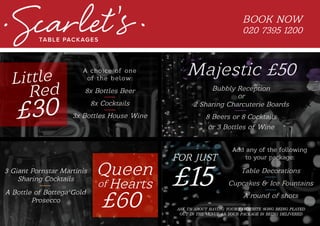 BOOK NOW
020 7395 1200
TABLE PACKAGES
Majestic £50
Red
Little
£30
A choice of one
of the below:
Add any of the following
to your package:
8x Bottles Beer
8x Cocktails
3x Bottles House Wine
3 Giant Pornstar Martinis
Sharing Cocktails
A Bottle of Bottega Gold
Prosecco
Bubbly Reception
or
2 Sharing Charcuterie Boards
8 Beers or 8 Cocktails
or 3 Bottles of Wine
£60
Queen
Heartsof
FOR JUST
£15
ASK US ABOUT HAVING YOUR FAVOURITE SONG BEING PLAYED
OUT IN THE VENUE AS YOUR PACKAGE IS BEING DELIVERED
Table Decorations
Cupcakes & Ice Fountains
A round of shots
 