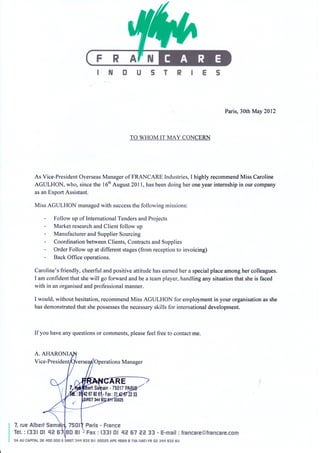 letter of recommendation from Francare Industries