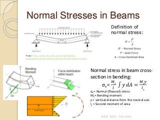 Normal Stresses in Beams
BIOE 3200 - Fall 2015
From http://www.strucalc.com/engineering-
resources/normal-stress-bending-stress-shear-stress/
Normal stress in beam cross-
section in bending:
σx =
𝑀 𝑧
𝐼
𝑦 𝑑𝐴 =
𝑀 𝑧
𝑦
𝐼 𝑧
σx = Normal (flexural) stress
Mz= Bending moment
y = vertical distance from the neutral axis
Iz = Second moment of area
Definition of
normal stress:
 