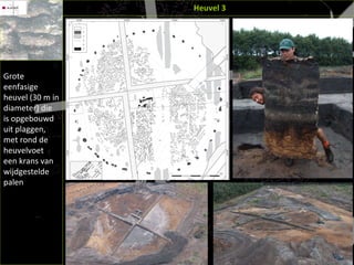 Heuvel 3 Grote eenfasige heuvel (30 m in diameter) die is opgebouwd uit plaggen, met rond de heuvelvoet een krans van wijdgestelde palen   
