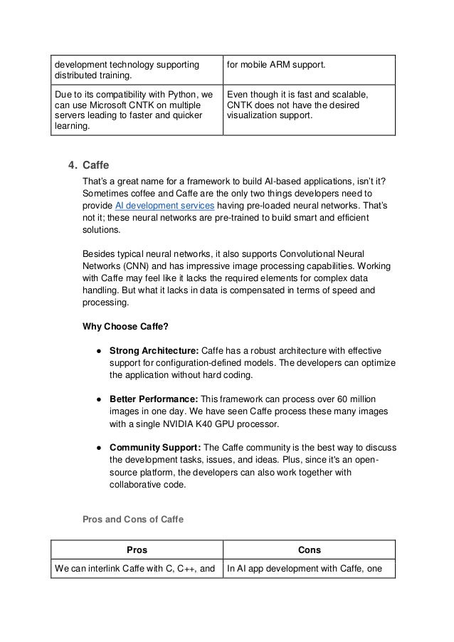 development technology supporting
distributed training.
for mobile ARM support.
Due to its compatibility with Python, we
can use Microsoft CNTK on multiple
servers leading to faster and quicker
learning.
Even though it is fast and scalable,
CNTK does not have the desired
visualization support.
4. Caffe
That’s a great name for a framework to build AI-based applications, isn’t it?
Sometimes coffee and Caffe are the only two things developers need to
provide AI development services having pre-loaded neural networks. That’s
not it; these neural networks are pre-trained to build smart and efficient
solutions.
Besides typical neural networks, it also supports Convolutional Neural
Networks (CNN) and has impressive image processing capabilities. Working
with Caffe may feel like it lacks the required elements for complex data
handling. But what it lacks in data is compensated in terms of speed and
processing.
Why Choose Caffe?
● Strong Architecture: Caffe has a robust architecture with effective
support for configuration-defined models. The developers can optimize
the application without hard coding.
● Better Performance: This framework can process over 60 million
images in one day. We have seen Caffe process these many images
with a single NVIDIA K40 GPU processor.
● Community Support: The Caffe community is the best way to discuss
the development tasks, issues, and ideas. Plus, since it's an open-
source platform, the developers can also work together with
collaborative code.
Pros and Cons of Caffe
Pros Cons
We can interlink Caffe with C, C++, and In AI app development with Caffe, one
 