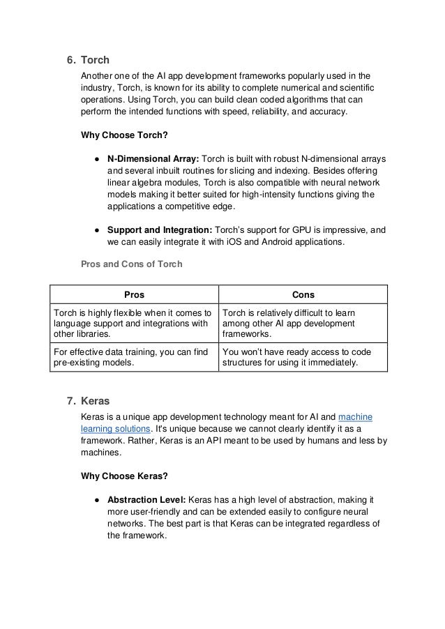 6. Torch
Another one of the AI app development frameworks popularly used in the
industry, Torch, is known for its ability to complete numerical and scientific
operations. Using Torch, you can build clean coded algorithms that can
perform the intended functions with speed, reliability, and accuracy.
Why Choose Torch?
● N-Dimensional Array: Torch is built with robust N-dimensional arrays
and several inbuilt routines for slicing and indexing. Besides offering
linear algebra modules, Torch is also compatible with neural network
models making it better suited for high-intensity functions giving the
applications a competitive edge.
● Support and Integration: Torch’s support for GPU is impressive, and
we can easily integrate it with iOS and Android applications.
Pros and Cons of Torch
Pros Cons
Torch is highly flexible when it comes to
language support and integrations with
other libraries.
Torch is relatively difficult to learn
among other AI app development
frameworks.
For effective data training, you can find
pre-existing models.
You won’t have ready access to code
structures for using it immediately.
7. Keras
Keras is a unique app development technology meant for AI and machine
learning solutions. It's unique because we cannot clearly identify it as a
framework. Rather, Keras is an API meant to be used by humans and less by
machines.
Why Choose Keras?
● Abstraction Level: Keras has a high level of abstraction, making it
more user-friendly and can be extended easily to configure neural
networks. The best part is that Keras can be integrated regardless of
the framework.
 